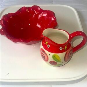Red Floral Ceramic Pitcher and Bowl Set